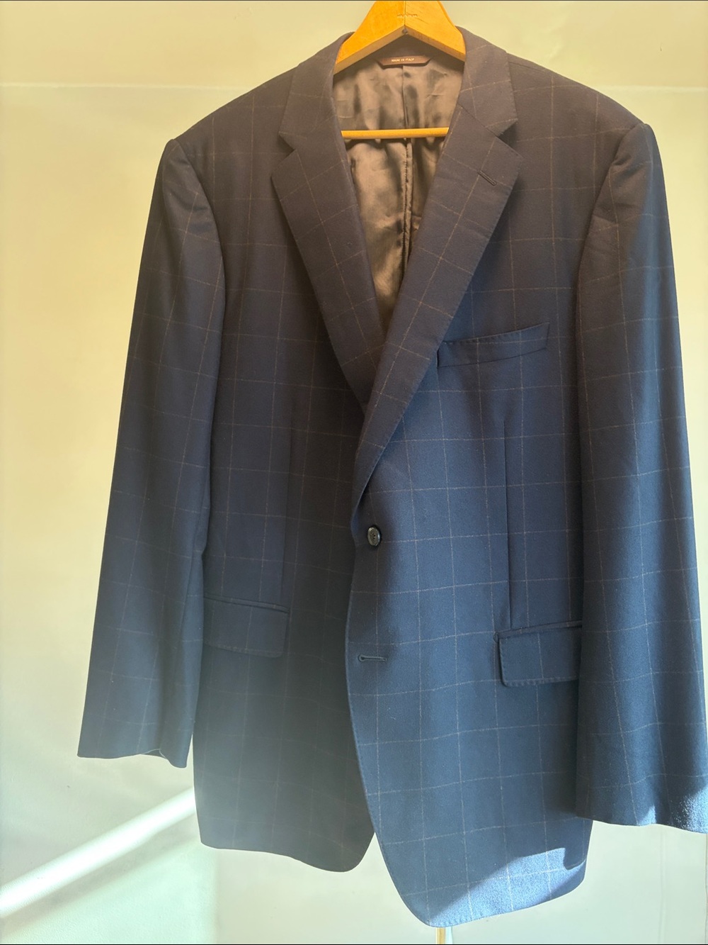 Men's Paul Stuart Wool Cashmere Navy /Brown Windowpane Single-Breasted Blazer 46